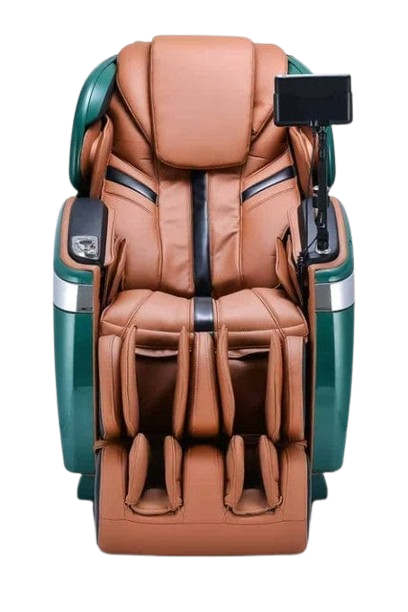 Front Centered View Of The Ogawa Master Drive AI 2.0 Massage Chair | OG-8801 Shown In The Upright Chair Position In The Emerald And Cappuccino Color