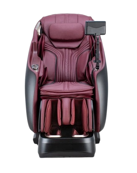 Front Centered View Of The Ogawa Master Drive DUO Massage Chair | OG-8900 Shown In The Upright Chair Position In The Black And Burgundy Color