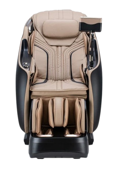 Front Centered View Of The Ogawa Master Drive DUO Massage Chair | OG-8900 Shown In The Upright Chair Position In The Black And Champagne Color