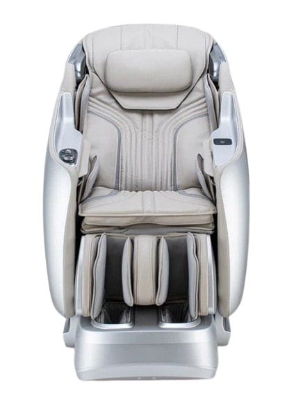 Front Centered View Of The Ogawa Master Drive DUO Massage Chair | OG-8900 Shown In The Upright Chair Position In The Platinum And Platinum Color
