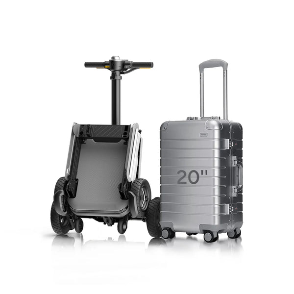 Front Centered View Of The Paiseec L5 Mobility Scooter In The Folded Position In Silver Color Next To A 20" Suitcase
