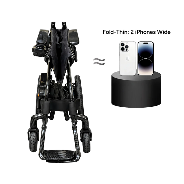 Front Centered View Of The Paiseec Q5 Carbon Fiber Electric Wheelchair With Two Smartphones For Scale