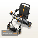 Front Centered View Of The Paiseec W1 Lightweight 2‑in‑1 Electric Wheelchair Shown In The Folded Position With Orange Color Highlighting Its Weight Capacity Of 300 Lbs.