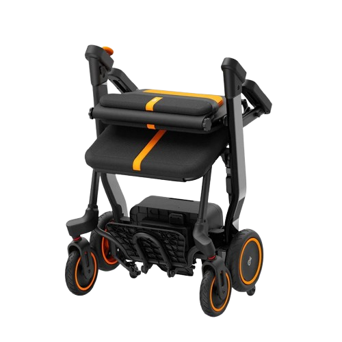 Front Centered View Of The Paiseec W1 Lightweight 2‑in‑1 Electric Wheelchair Shown In The Folded Position With Orange Color