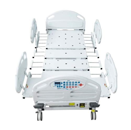 Front Centered View Of The Prius Ai1 Premium All-in-One MedSurge Expandable Low Bed Shown In The Flat Position