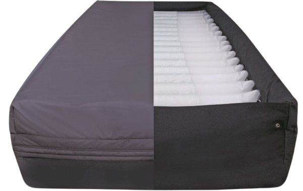 Front Centered View Of The Prius Duet Mattress System Shown In A Split View With One Side Covered And The Other Side Opened