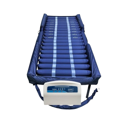 Front Centered View Of The Proactive Medical Protekt Aire 8600AB Low Air Loss/Alternating Pressure Bariatric Mattress System With "Raised Side Air Bolsters" Shown With Control Unit Attached