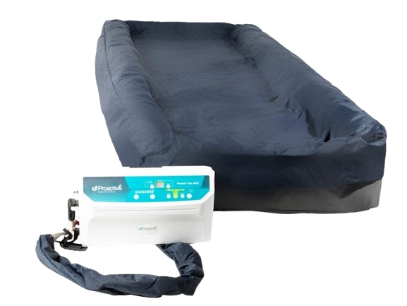 Front Centered View Of The Proactive Medical Protekt Aire 8900 Low Air Loss/Alternating Pressure And Pulsation Mattress System With "On Demand Side Air Bolsters" Shown With Cover And Control Unit