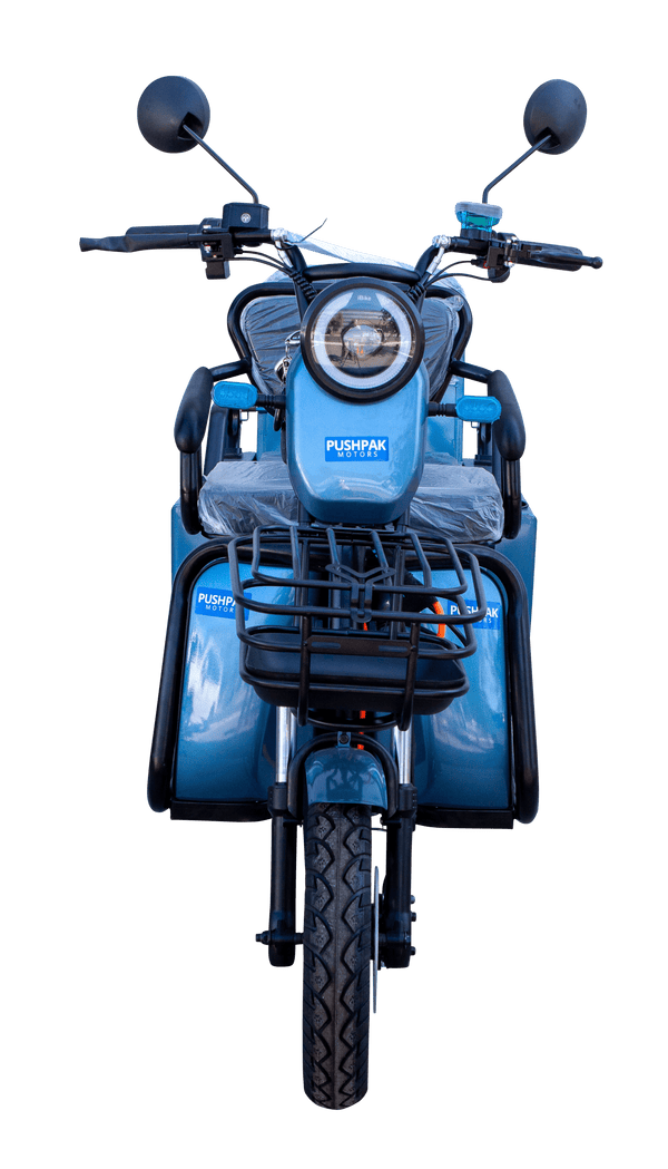 Front Centered View Of The Pushpak Motors- Pushpak 3000 Two-Person Electric Scooter Shown In Blue Color