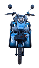 Front Centered View Of The Pushpak Motors- Pushpak 3000 Two-Person Electric Scooter Shown In Blue Color