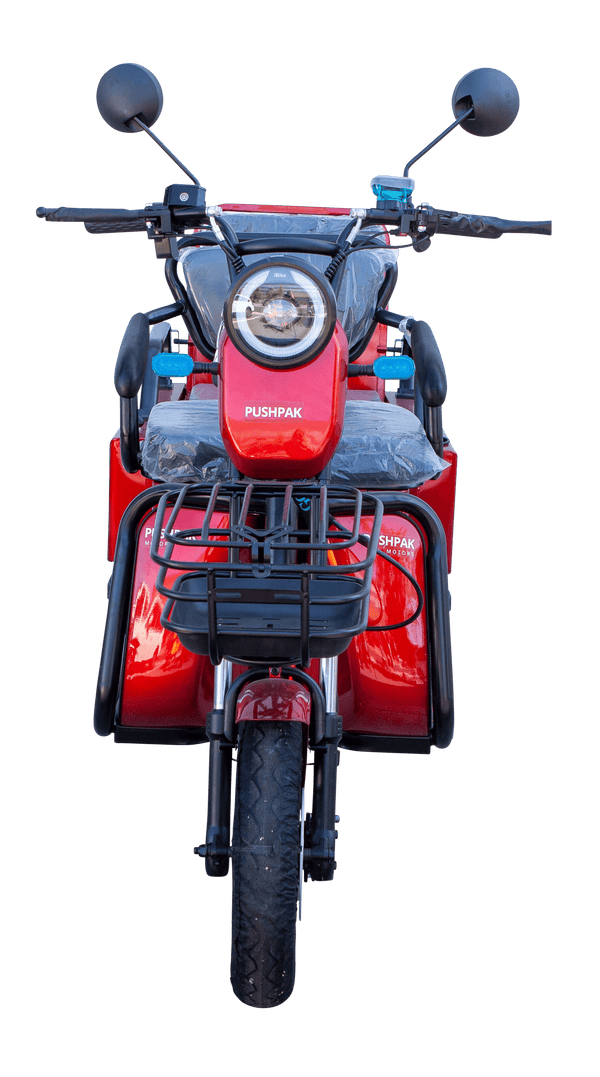 Front Centered View Of The Pushpak Motors- Pushpak 3000 Two-Person Electric Scooter Shown In Red Color