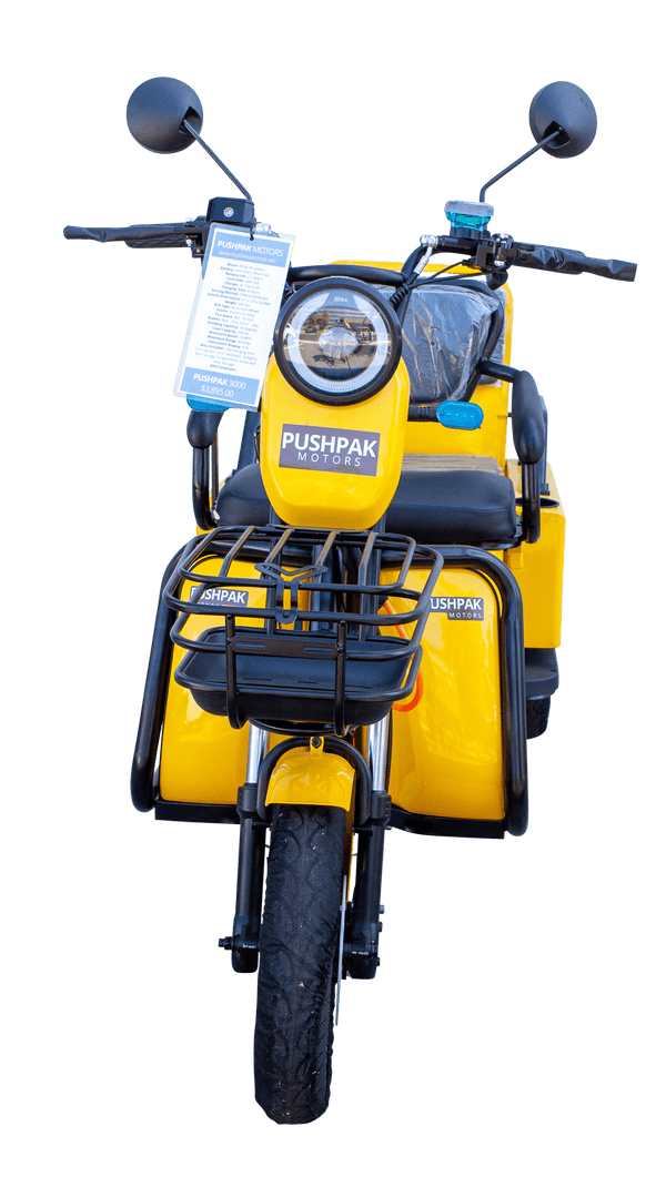 Front Centered View Of The Pushpak Motors- Pushpak 3000 Two-Person Electric Scooter Shown In Yellow Color