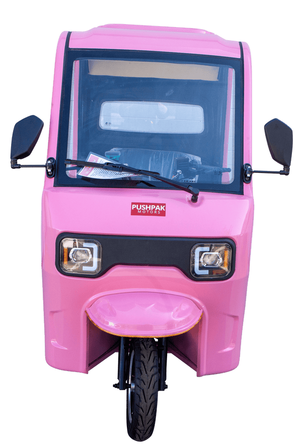 Front Centered View Of The Pushpak Motors- Pushpak 7000 Three-Person Electric Scooter Shown In The Pink Color
