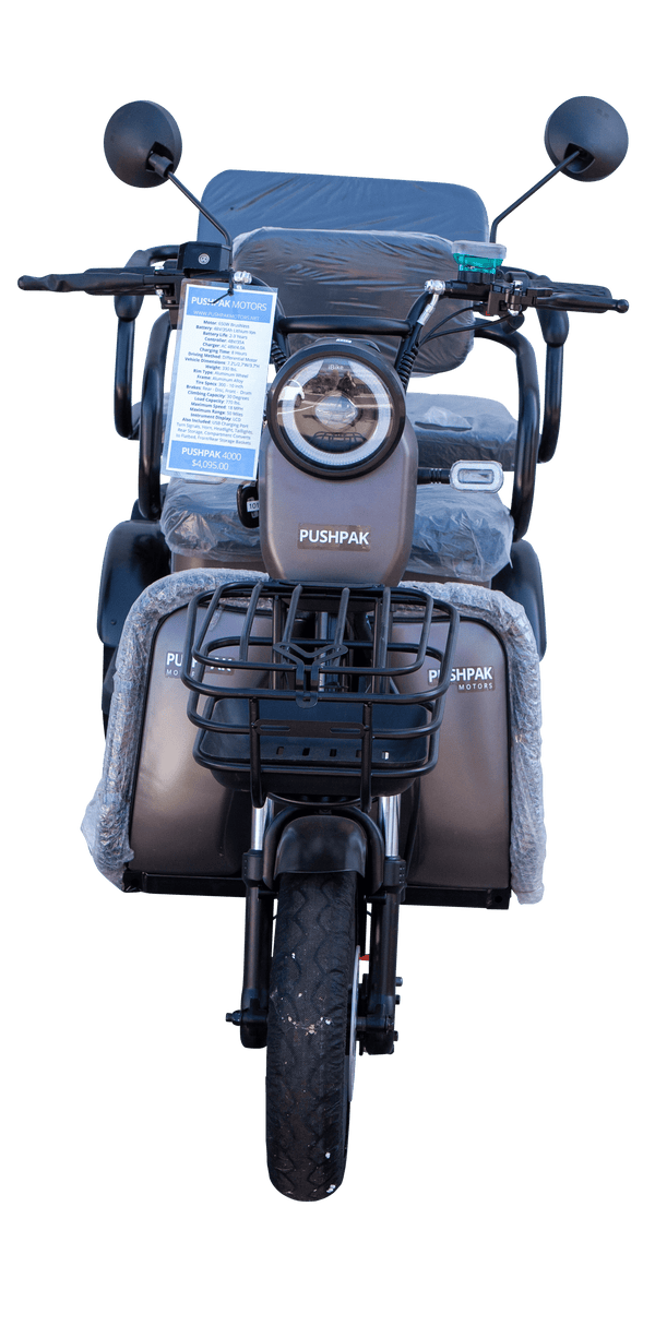Front Centered View Of The Pushpak Motors- Pushpak 7000 Two-Person Electric Scooter Shown In Gray Color