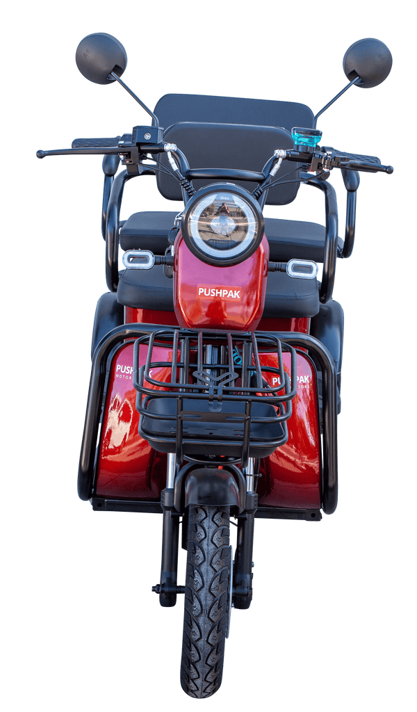 Front Centered View Of The Pushpak Motors- Pushpak 7000 Two-Person Electric Scooter Shown In Red Color