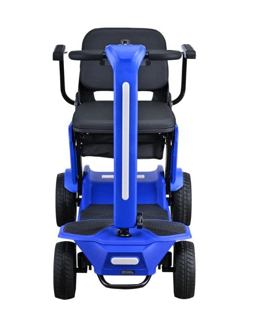 Front Centered View Of The Reyhee Flex Electric Folding Mobility Scooter Shown With The Blue Colored Frame