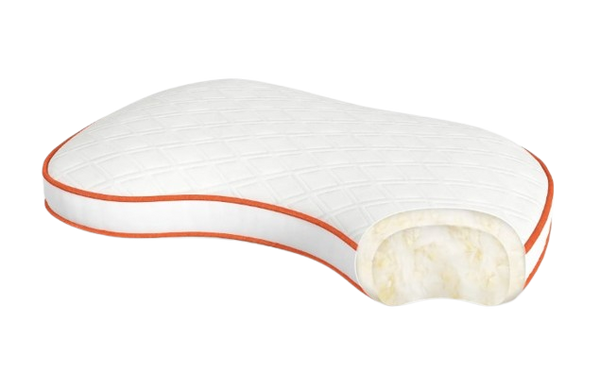 Front Centered View Of The Rize Home Cloud Pillow Shown In White With Orange Trim And An Interior View Of The Pillow Material