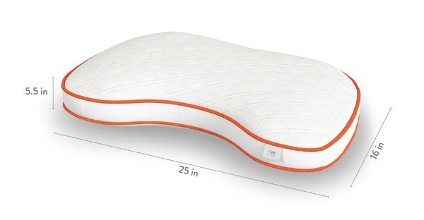 Front Centered View Of The Rize Home Cloud Pillow Shown In White With Orange Trim And Measurements