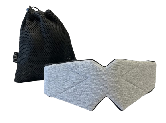 Front Centered View Of The Rize Home Comfort Eye Mask 100% Blackout Sleeping Aid With A Black Mesh Storage Bag