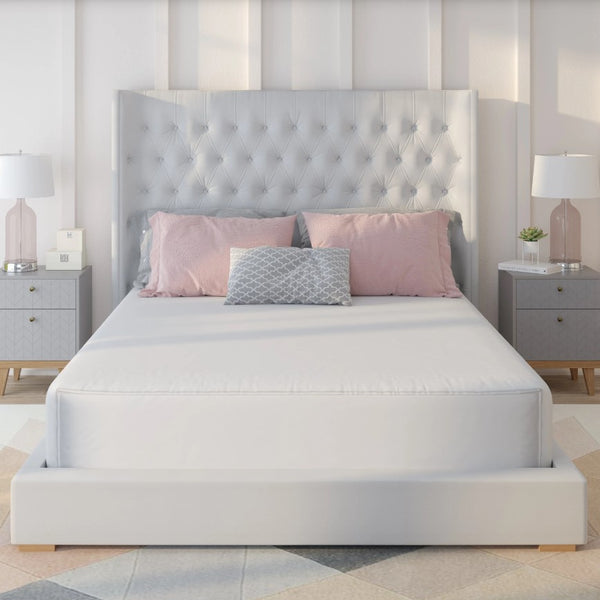 Front Centered View Of The Rize Home Complete Encasement Mattress Protector On Bed In Bedroom With A Gray Upholstered Bed Pink And Gray Pillows And Matching Nightstands