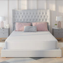 Front Centered View Of The Rize Home Complete Encasement Mattress Protector On Bed In Bedroom With A Gray Upholstered Bed Pink And Gray Pillows And Matching Nightstands