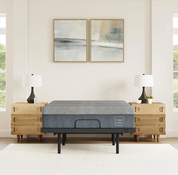 Front Centered View Of The Rize Home Cool Pro 14" Memory Foam Mattress On An Adjustable Bed Frame In A Bedroom Setting With Wooden Nightstands And Lamps