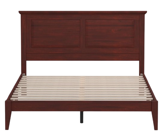 Front Centered View Of The Rize Home Cottage Style Wooden Bed Frame Shown In Classic Cherry Color