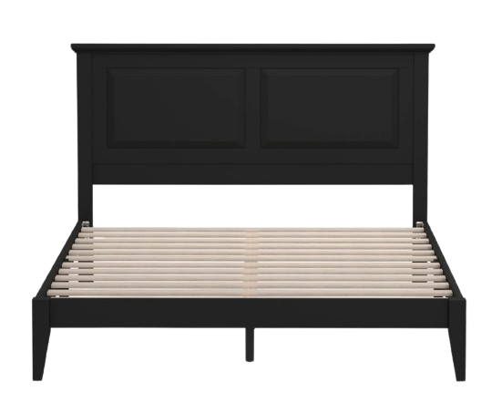 Front Centered View Of The Rize Home Cottage Style Wooden Bed Frame Shown In Ebony Black Color