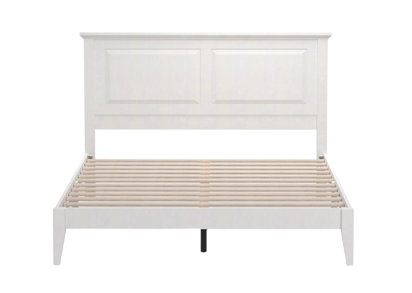 Front Centered View Of The Rize Home Cottage Style Wooden Bed Frame Shown In Gloss White Color