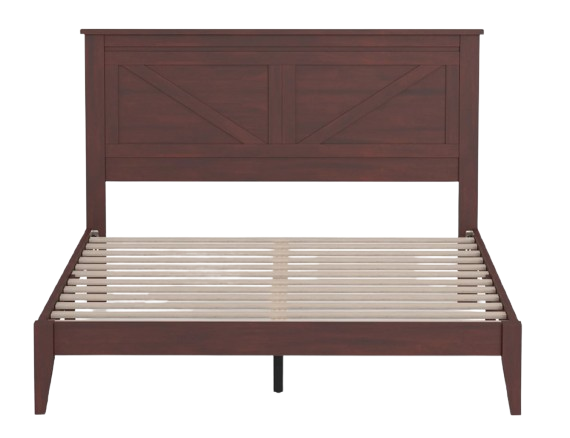 Front Centered View Of The Rize Home Farmhouse Style Wooden Bed Frame Shown In Classic Cherry Color