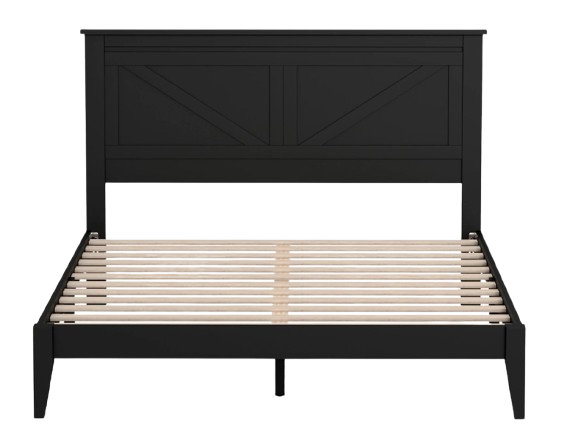 Front Centered View Of The Rize Home Farmhouse Style Wooden Bed Frame Shown In Ebony Black Color