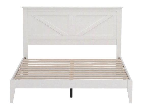 Front Centered View Of The Rize Home Farmhouse Style Wooden Bed Frame Shown In Gloss White Color