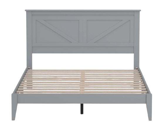 Front Centered View Of The Rize Home Farmhouse Style Wooden Bed Frame Shown In Ultimate Gray Color