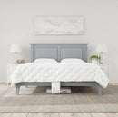 Front Centered View Of The Rize Home Smart Duvet With Blue Light Color On Gray Bedframe Shown In Bedroom Setting With White Walls And Nightstands 