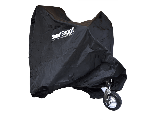 Front Centered View Of The SmartScoot Lightweight Travel Mobility Scooter Shown With The Optional Cover Over The Scooter