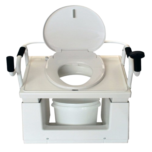 Front Centered View Of The Throne Buttler Powered Lift Commode Chair TLCE001 Shown In The Raised Position With The Bucket Under The Lift Chair