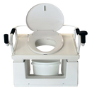 Front Centered View Of The Throne Buttler Powered Lift Commode Chair TLCE001 Shown In The Raised Position With The Bucket Under The Lift Chair