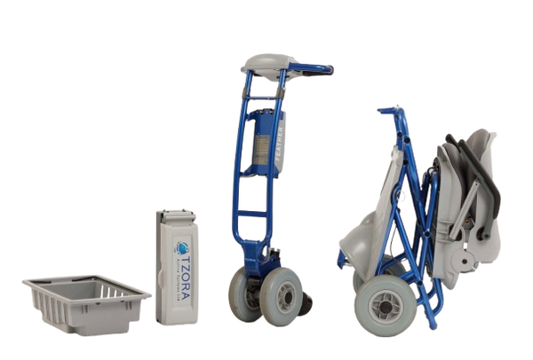 Front Centered View Of The Tzora Feather Ultra Lightweight Mobility Scooter Shown In The Blue Color In The Disassembled Position