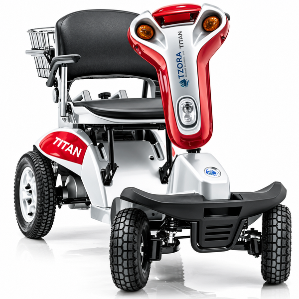 Front Centered View Of The Tzora Titan 4 Hummer Medical Mobility Scooter Shown In Red Color