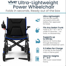 Front Centered View Of The Vive Health Air Frame Power Wheelchair With Features Listed On The Side And Text Ultra-Lightweight Power Wheelchair  And Folds In Seconds. Ready Out Of The Box