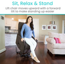 Front Centered View Of The Vive Health Lift Chair Shown In The Lifted Position With An Attractive Woman Exiting The Chair In A Living Room Setting
