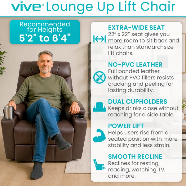Front Centered View Of The Vive Health Lounge Lift Chair Shown With A Man Sitting In The Chair With Features Listed On The Side