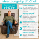 Front Centered View Of The Vive Health Lounge Lift Chair Shown With A Man Sitting In The Chair With Features Listed On The Side