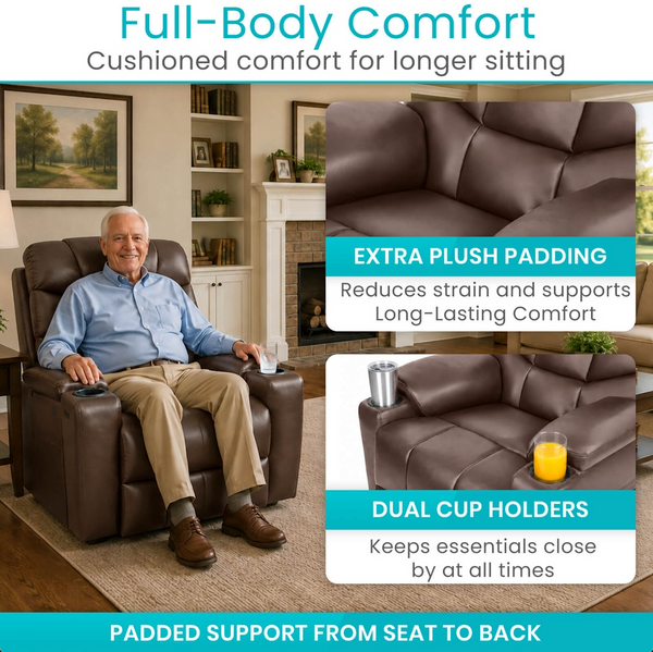 Front Centered View Of The Vive Health Lounge Lift Chair Shown With An Elderly Man Sitting In The Chair In A Living Room Setting With Text Full-Body Comfort And Cushioned Comfort For Longer Sitting