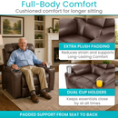 Front Centered View Of The Vive Health Lounge Lift Chair Shown With An Elderly Man Sitting In The Chair In A Living Room Setting With Text Full-Body Comfort And Cushioned Comfort For Longer Sitting