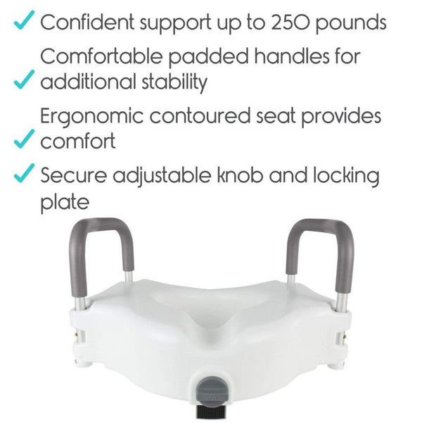 Front Centered View Of The Vive Health Raised Toilet Seat With Text Highlighting The Key Features