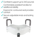 Front Centered View Of The Vive Health Raised Toilet Seat With Text Highlighting The Key Features