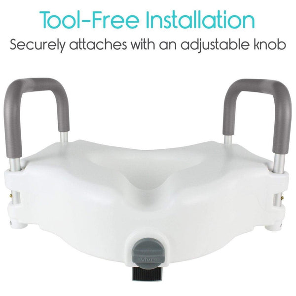 Front Centered View Of The Vive Health Raised Toilet Seat With Text 'Tool-Free Installation' And 'Securely Attaches With An Adjustable Knob'