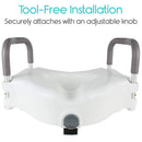 Front Centered View Of The Vive Health Raised Toilet Seat With Text 'Tool-Free Installation' And 'Securely Attaches With An Adjustable Knob'
