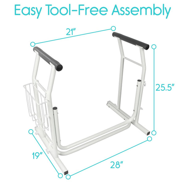 Front Centered View Of The Vive Health Stand Alone Toilet Rail With Text 'Easy Tool-Free Assembly' And Written Dimensions Along The Frame